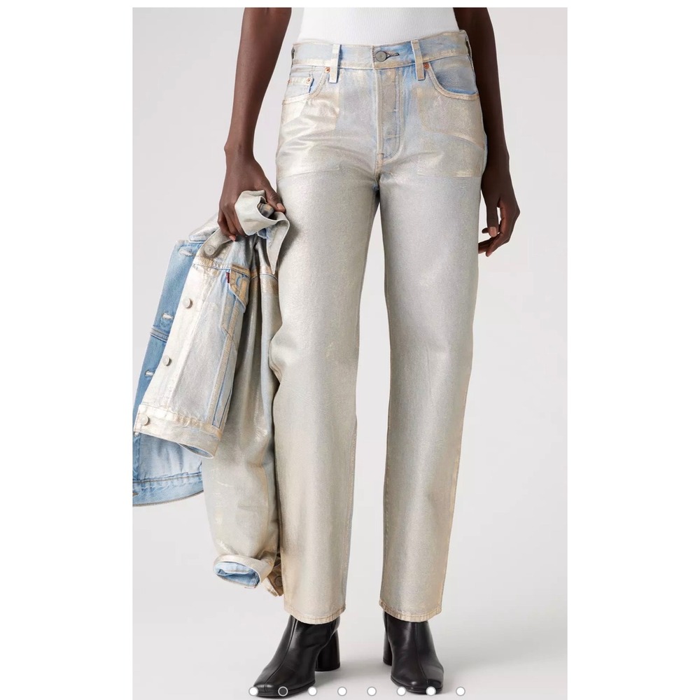 LEVIS 501 90s Silver Metallic Foil Jeans Size 25 High Rise Straight Leg NEW